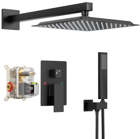 25,4 cm Regenduschsystem für Badezimmer, mattschwarz, Luxus-Regenmischer, Dusch-Kombi-Set, Wandmontage, Duscheinheit mit druckausgleichendem Duscharmaturventil aus massivem Messing (mattschwarz)