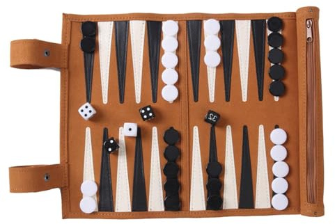 SKIKHN Backgammon Spiel Set,35.5X25CM Klassisches Backgammon-Set,Backgammon Reise,Tragbar Reisespiel zum Aufrollen,Lederoptik Brettspiel für Erwachsene Teenager Travel-Fans,Braun