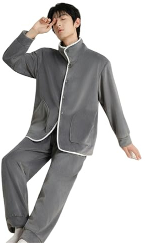 YMXLWHBD Pyjama Herbst Winter-Paar-Pyjama Mit Kragen Und Fleece-gefütterter Strickjacke, Stehkragen, Warmes Homewear-Set-rauchgrau Für Herren-XL