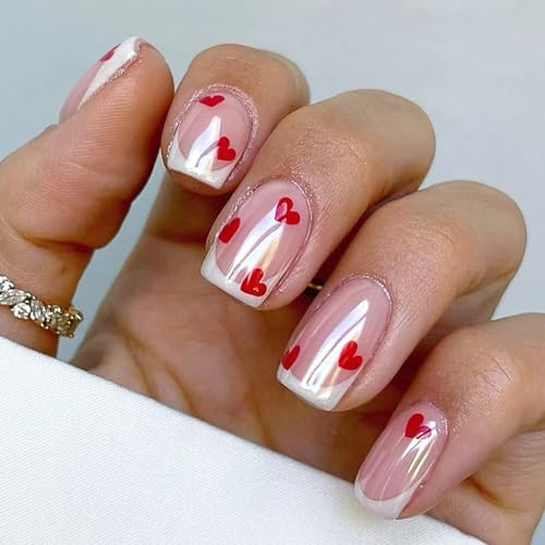 24PCS False Nails - Chrome White French Tip Red Heart Press On Nails Short - Glazed French Tip Fake Nails with Glue - Glossy Acrylic Nails Medium, Natural Pink Stick on Nails