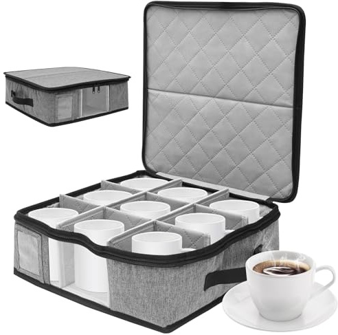 GUIJZSLTRG Coffee Mug Storage Box with Dividers and Zipper, Camping Wine Storage Container with Lid and Handles, Stackable Tumblers Hard Shell Holds 12 Coffee Mugs, Tea Cup for Moving Packing Kitchen