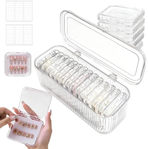 RTSHUK Paquete de 14 cajas de almacenamiento de uñas, 7,5 x 7,5 cm, caja de almacenamiento de uñas a presión contiene 60 tiras adhesivas de doble cara, caja de almacenamiento grande para arte de uñas