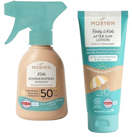 MABYEN Sonnenpflege Set, Sonnenspray LSF 50 150ml und After Sun 180ml | 100% Mineralischer UV-Filter aus Zinkoxid, parfümfrei, COSMOS-zert. Naturkosmetik, vegan, für empfindliche Haut, Pflege