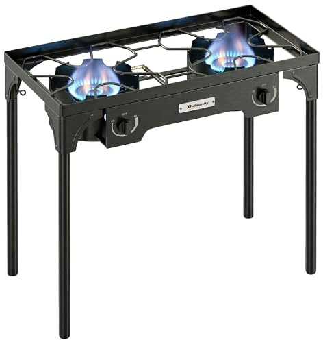 Outsunny Réchaud de camping à double brûleur, 150 000 BTU haute pression avec pieds amovibles, cuisinière à gaz pour extérieur, camping, barbecue, régulateur et tuyau inclus, noir