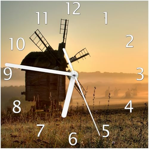 Wallario Design-Wanduhr Morgendämmerung am Mühlenfeld aus Glas, Motiv-Uhr Größe 20 x 20 cm, weiße Zeiger