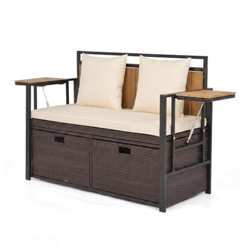 SOARS Gartensofa Rattan mit Kissen, 2-Sitzer Sitzbank mit Kissenbox & klappbaren Seitenablagen, Terrassenbank, belastbar bis 360kg, Truhenbank für Garten, Balkon, Terrasse, 120x51x82 cm (Weiß)