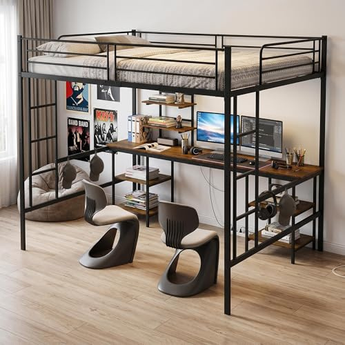 EGGREE Doppel-Hochbett 140x200 cm mit Schreibtisch und Regalen, Schwarz