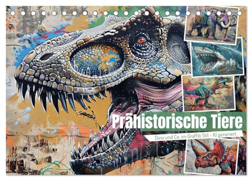 Prähistorische Tiere (Tischkalender 2026 DIN A5 quer), CALVENDO Monatskalender: Ausgestorbene Tierarten im coolen Graffiti Stil - KI generiert (CALVENDO Tiere)