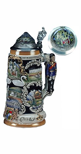 King German Beer Stein Bavarian Castle Stein, Ludwig 3-D Handle, Neuschwanstein Crystal lid 0.75 Liter tankard, Beer Mug KI 309-LHK 0,75L Ludwig