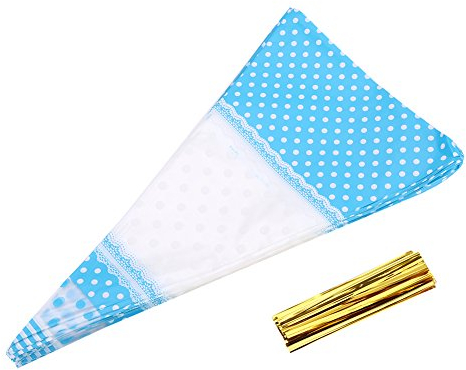 50Pcs Clear Cellophane Bags Bulk,Cone-Shaped Popcorn Bags Resealable Cellophane Treat Candy Bags with Twist Tie(Blue)
