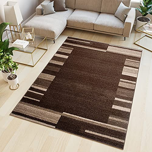 TAPISO Sari Teppich Kurzflor Modern Dunkelbraun Beige Streifen Gestreift Design Bordüre Meliert Verwischt Wohnzimmer Schlafzimmer ÖKOTEX 120 x 170 cm