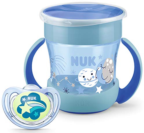 NUK Perfect Night - Set di bicchieri e ciuccio con effetto luminoso, mini tazza Magic Cup Night con manici (230 ml) | ciuccio in silicone Freestyle Night | 6 mesi | blu