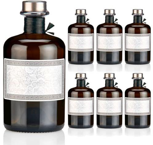 6x Apothekerflaschen braun 500ml Geschenkset mit Korken titansilber matt, Band, Kapseln & 6 Etiketten Motiv Antike, 0,5L leere Glasflaschen schwarz antik, Braunglas Flaschen für Öl, Gin uvm.