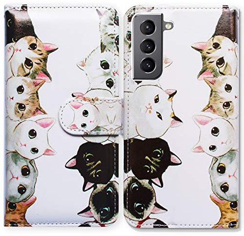 Bcov Galaxy S22 Case, White Black Cute Cats Leather Flip Phone Case Wallet Cover with Card Slot Holder Kickstand For Samsung Galaxy S22