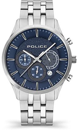 Police Cage Herren-Chronographen-Armbanduhr mit blauem Zifferblatt und Edelstahl-Armband, 44 mm Edelstahl-Gehäuse in Marken-Uhrenbox PEWJI2194301, silber, Einheitsgröße, Armband