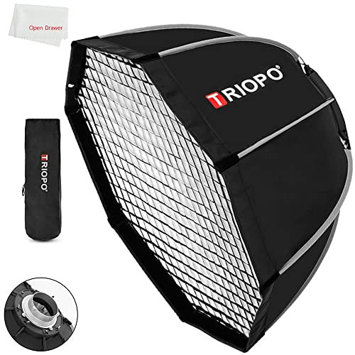 Triopo Softbox K90 - Softbox con montaggio Bowens da 89 cm, Softbox ottagonale a ombrello, Softbox a installazione rapida + griglia a nido d'ape, per fotografia all'aperto (K90 con griglia)