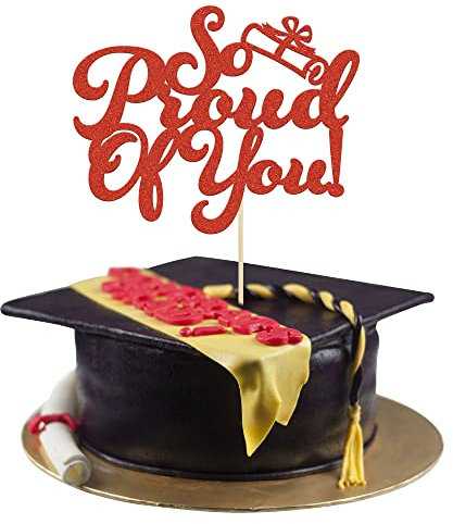 Gyufise Tortenaufsatz mit Aufschrift So Proud of You, roter Glitzer, 2024, Partydekoration, Partydekoration, Partydekorationen
