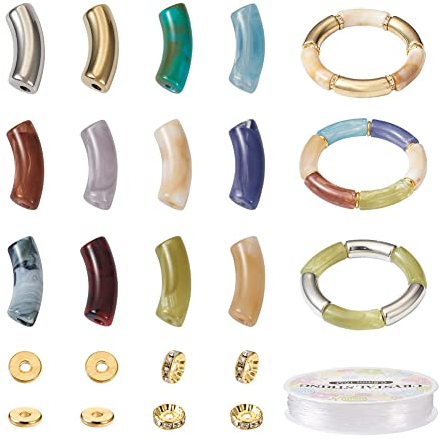 Craftdady 120 Stück klobige, gebogene Röhrenperlen, Stretch-Armbandherstellungs-Set, gemischte Edelstein-Acrylperlen, goldene, flache, runde Abstandshalter für Schmuckherstellung