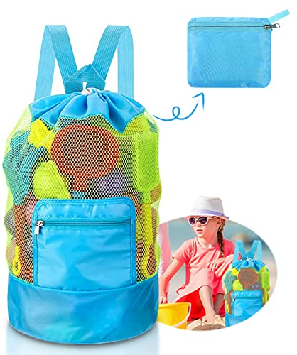 Strandspielzeug Tasche Strandtasche Mesh Beach Bag Wasserspielzeug Rucksack Beutel - Faltbare - Für Familie Urlaub Badetasche Groß (Blau)