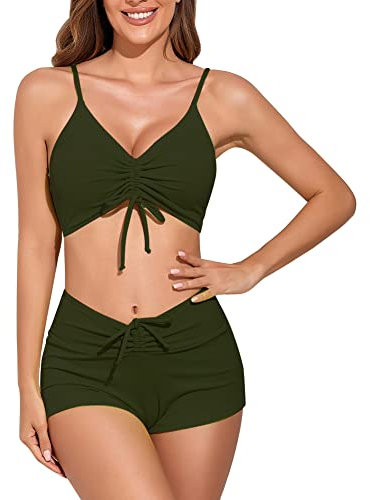 Meioro Traje de baño sólido para Mujer Conjuntos de Bikinis para Mujer Bikini Sets con cordón Ropa de Playa de Dos Piezas Swimwear de Cintura Alta(Verde Militar,L)