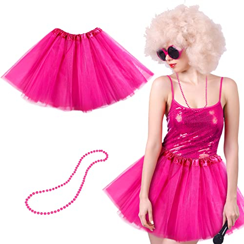 80er Jahre Kostüm Set mit Damen Tüllrock Mehrschichtig Ballett 80er Tutu Rock Rosa Neon Halskette Kunststoff Perlenkette