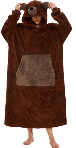 Kuscheldecke mit Ärmeln Oversized Pullover Damen Riesige Fronttasche Plüsch Tragbare Decke Verlängert Übergroße Decken Hoodie Warme Schlafanzug karneval Karneval Bärenkostüm(Einheitsgröße,Braunbär)