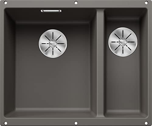 BLANCO SUBLINE 340/160-U Fregadero de granito de color gris silcán, tipo de montaje: bajo encimera, lavabo principal a la izquierda, para armarios bajos de 60 cm de ancho, un recorte y solo montado