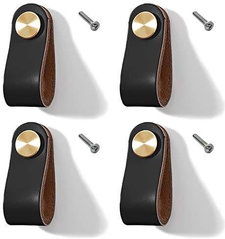 4 Stück Leder Möbelgriffe Leder Knopf Schrankgriff Knöpfe Ledergriff für Küchenschränke Schränke (Schwarz, Einzelnes Loch)