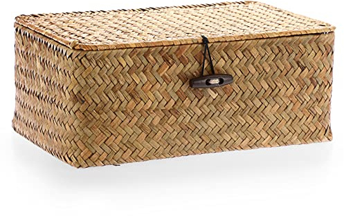 OLegei Panier de rangement en osier avec couvercle fait main, M, caramel
