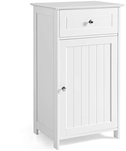 COSTWAY Meuble de Salle de Bain sur Pied, Armoire de Rangement avec 1 Porte et Étagère Réglable à 3 Positions, Tiroir, Meuble de Rangement pour Salle de Bain, Salon, Chambre (Blanc)