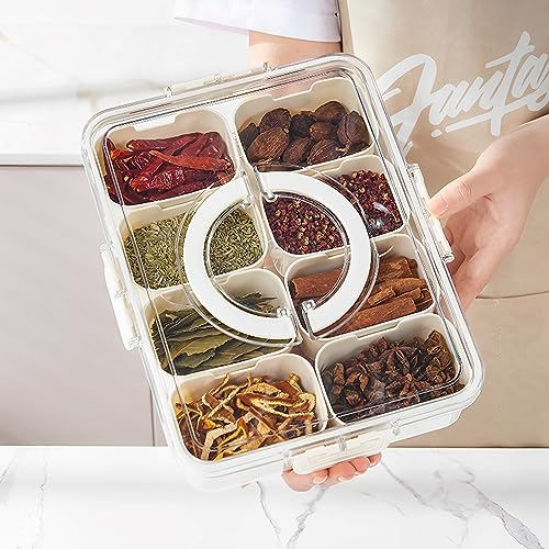 Plateau de service divisé avec couvercle et poignée, plateau de collation portable avec 8 compartiments, plateau d'apéritif en plastique réutilisable, bonne étanchéité, plateau divisé pour collations
