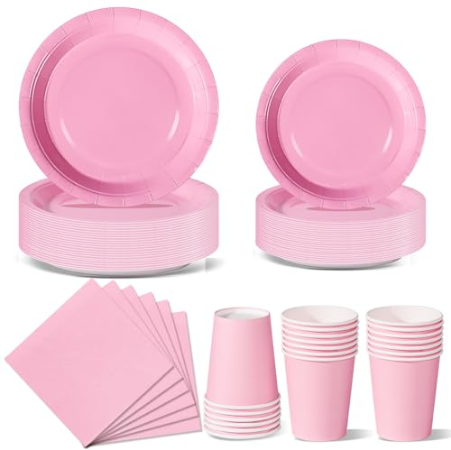 Nkaiso 96 Piezas Rosa Claro Vajilla Fiesta Cumpleaños, Platos y Vaso Cumpleaños Infantil, Set de Party Decoración Platos Desechable Servilletas para Navidad, Barbacoas, Fiestas -24 Invitado