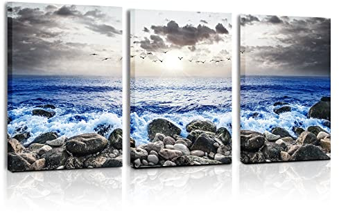 MHARTK66 Bilder Meer und Steine, Natur Landschaft Modern Wandbilder Wohnzimmer Kunstdruck Wanddeko für Schlafzimmer Küche Esszimmer Badezimmer und Büro