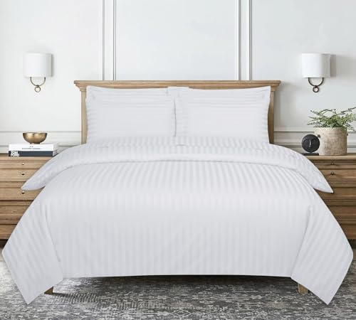 Duvet Cover Stripe Satin Super-King, White Reversible Soft Microfiber | Home Gadgets World Duvet Set Reversible Stripes Satin Superking Brushed Microfiber Satin Stripe Bedding Set with Pillowcases
