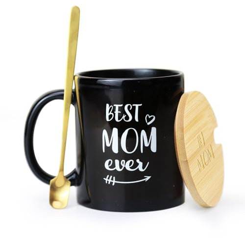 MUGKISS Tazza da caffè nera con coperchio, 325 ml, tazza in ceramica unica, regalo divertente per mamma da figlia, figlio, regalo di compleanno per la mamma del mondo di Natale.