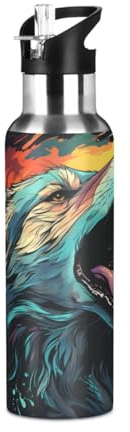 Linnyio Aquarelle Loup Hurlant Gourde Sport Étanche,Sans BPA,Bouteille D'Eau Isolée Thermos Sport Tasse À Vide en Acier Inoxydable,1000ml/600ml