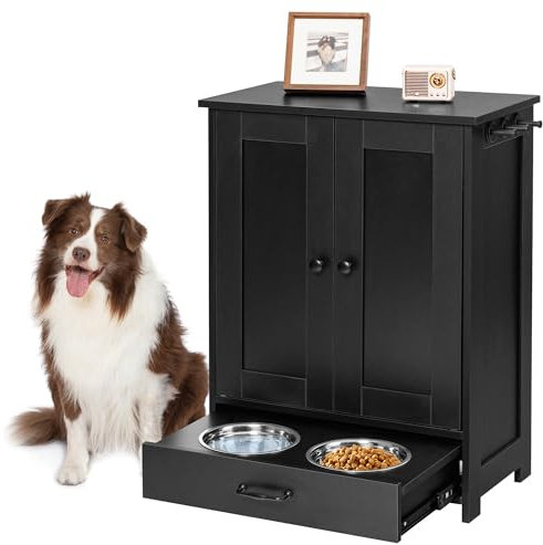 ALINE FURNITURE Dog Food Storage Cabinet - Dog Feeding Station Wood - Drawer Dog Feeder Station with 2 Elevated Dog Bowls - Hidden Pet Feeding Station for Dog & Cat, Black