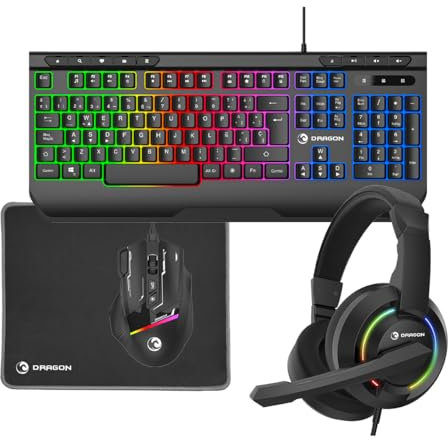 PRIXTON Kit Gaming Dragon, Confezione 4-in-1 : Tastiera spagnola QWERTY + Mouse + Cuffie + Tappetino