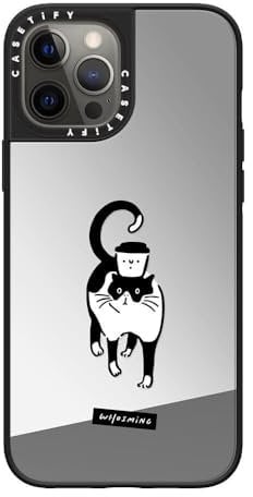 CASETiFY Mirror iPhone 12 Pro Max Hülle [Reflektierend/1,5 m Fallschutz/Kompatibel mit Magsafe] – WHOSMiNG – Kaffeekatze – Silber auf Schwarz