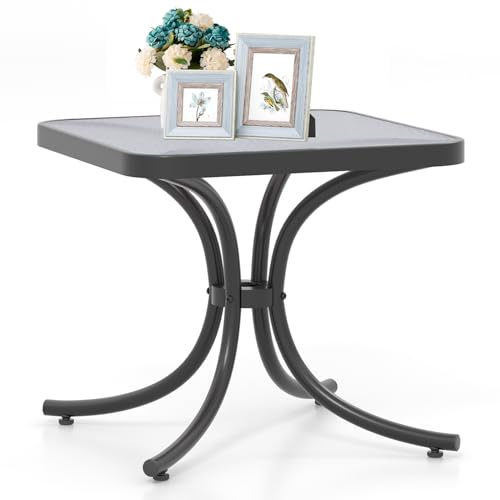 Giantex Table Basse Jardin 50 CM, Plateau en Verre Trempé Épaissi, Cadre en Métal Robuste, Charge 100 KG, Table Balcon Extérieur pour Jardin, Balcon, Terrasse, Noir