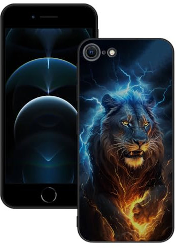 DiaryTown Hülle Kompatibel mit iPhone SE 2022 / SE 2020 Hülle Silikon mit Tier Motiv Handyhülle Schwarz Case Cover Kratzfest Stoßfeste Kameraschutz Schutzhülle für iPhone 8 / iPhone 7 - Blau Gelb Löwe