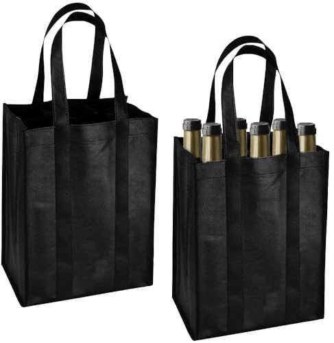 YqsIbth 2PCS Wine Bottle Carrier, 6 Compartment Bottle Bag with Portable Handles, Reusable Non-Woven Wine Bottle Holder, Black, 31x25x18cm