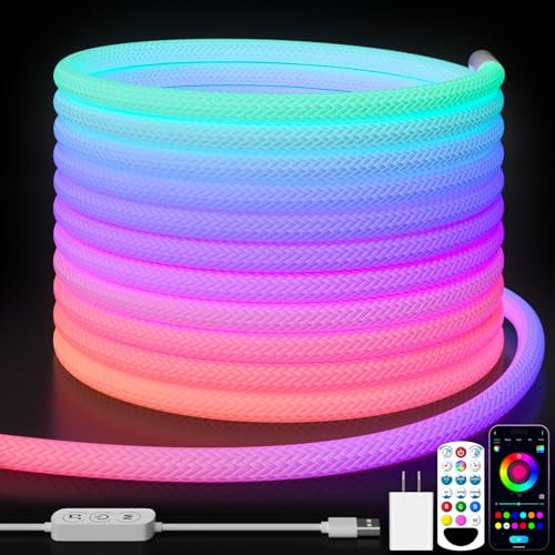 GIPOYENT 3M LED Neon Rope Light with Remote and APP Control with Music Sync, 5V USB IP65 Waterproof Flexible Neon Light Strip for Bedroom Outdoor Decoration