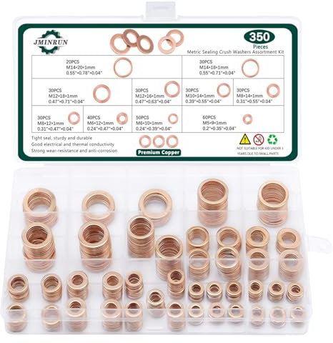 350 PCS, Premium Copper Metric Sealing Crush Washers Assortment Kit, Enhanced Flat Ring Oil Drain Plug Crush Washer Gasket Seal Set, Banjo Bolt Washers for Automotive, Motorcycles （10 Size）