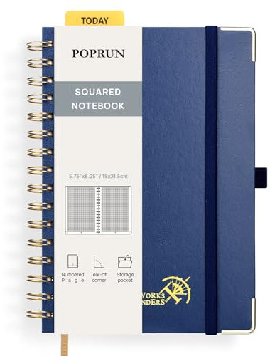POPRUN Spiral Notebook A5, Taccuino a Quadretti con 141 Pagine Numerate, Quaderno con Etichette Autoadesive e 8 Fogli Staccabili, Carta Spessa 120 GSM, Blu Marino (TJ)