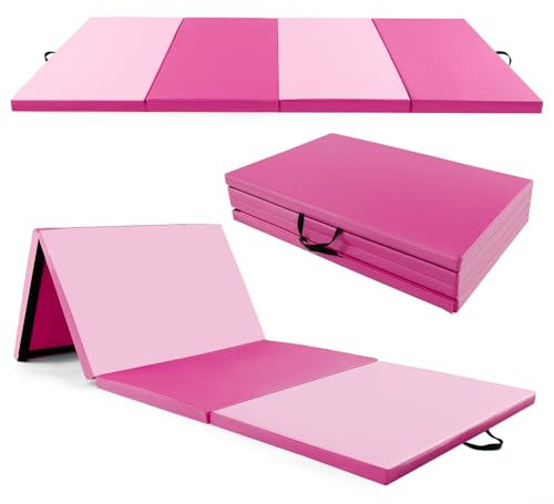 COSTWAY Tapis de Gymnastique Pliable Epais, Matelas d'Entrainement en Mousse et PU avec Poignées, pour Gymnastes Entraînements Yoga (Rose et Rouge,300 x 117 x 5 cm)