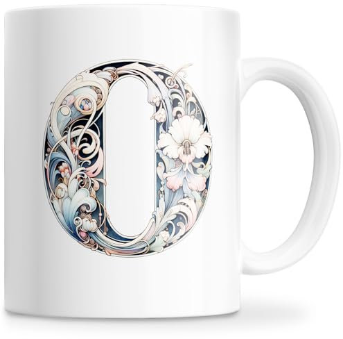 Tazza personalizzata con lettera iniziale del nome - Tazza in ceramica 350 ml con motivo floreale, regali originali per donne, mamma, amici, lavabile in lavastoviglie e forno a microonde (O)