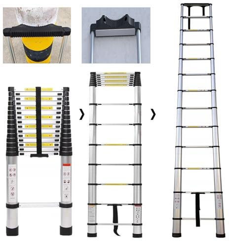 Hooha Alu Teleskopleiter mit Anti-Rutsch-Leiter Stabilisator Absturzsicherung Ausziehbare Anlegeleiter für den Einsatz an Mauern, Bäumen und Pfählen Reichweite maximalen 3,9m/5,1m/6,3m(6,3m)