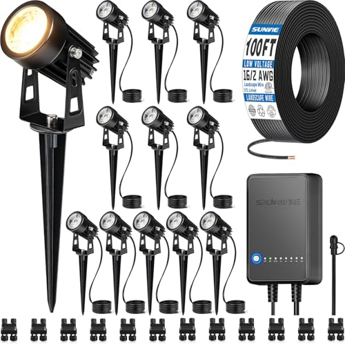 SUNVIE Kit d'éclairage paysager LED tout-en-un basse tension 12 pièces avec transformateur de fil et connecteurs de 30,5 m