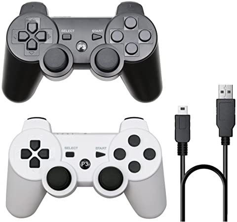 PS-3 Controller 2 Pack, Dual Shock 3 Wireless Gamepad Joystick for PlayStation 3, Compatible with PS-3 Console, Ergonomic Design, Rechargeable Battery, Vibration Feedback - 2 Controllers in Set